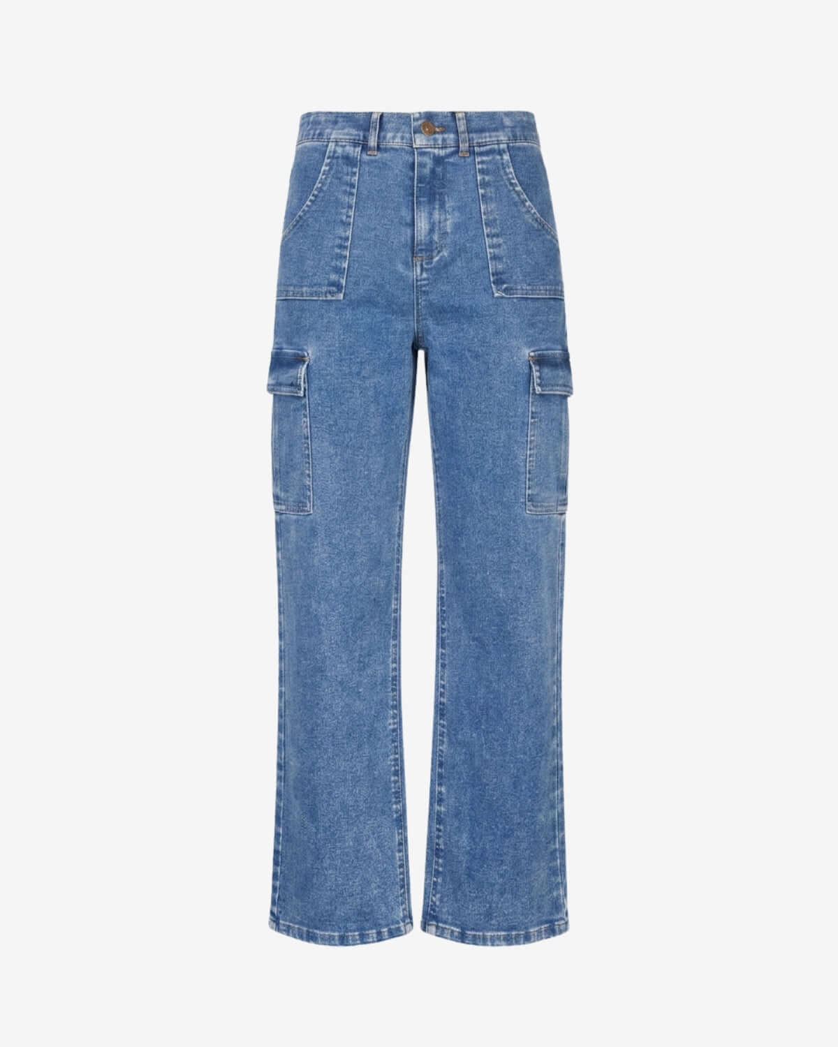 Blue denim cargo pants on a white background