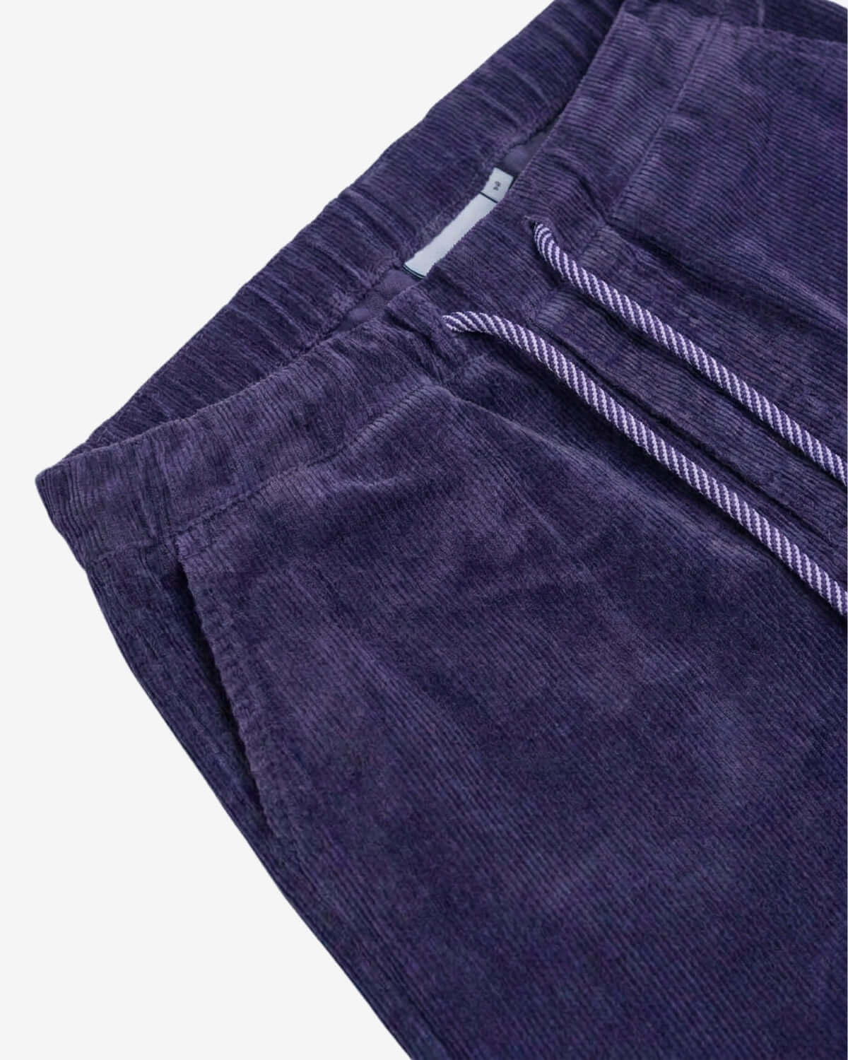 Close-up of blue corduroy pants with a white background