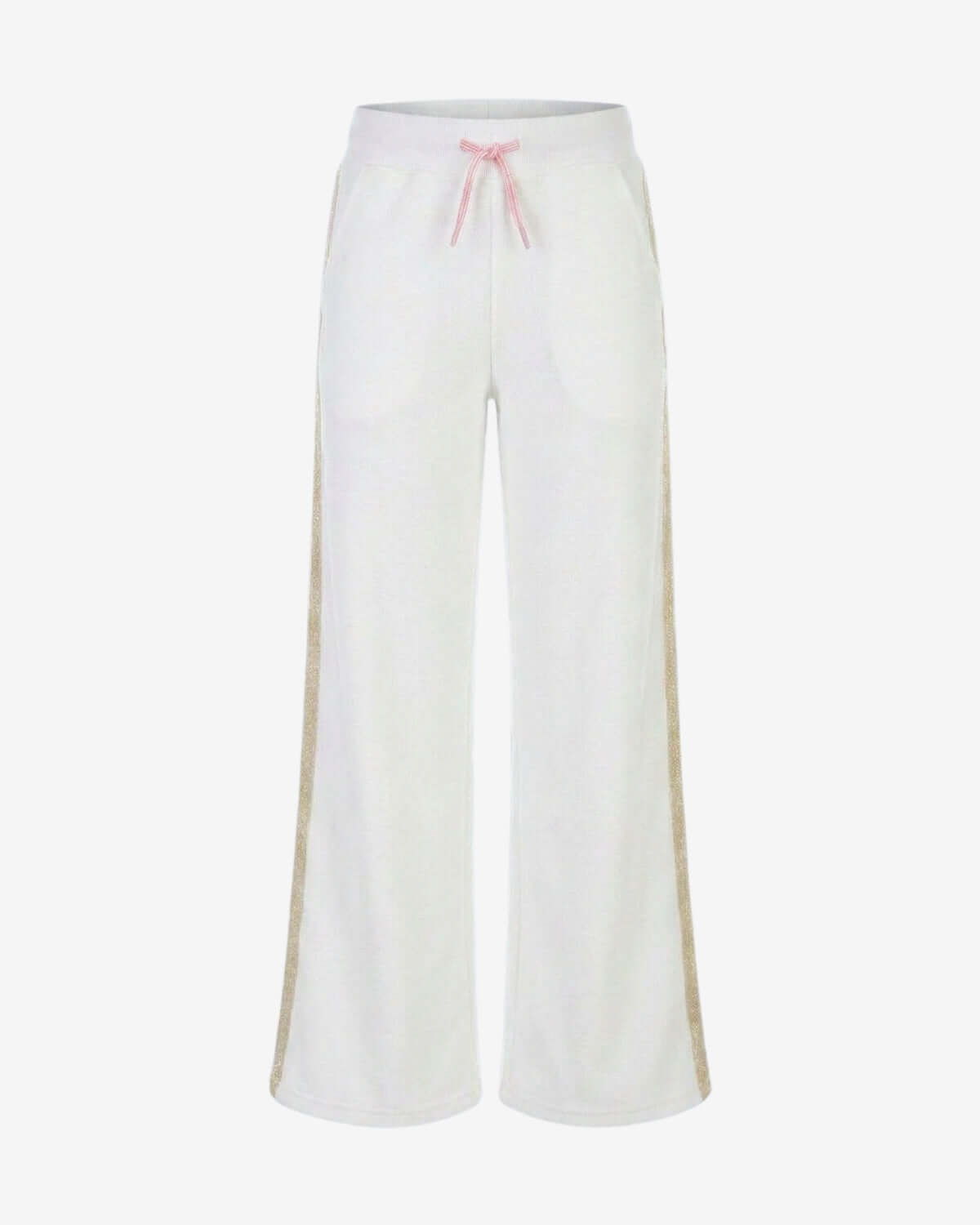 White wide-leg pants with a pink drawstring on a white background