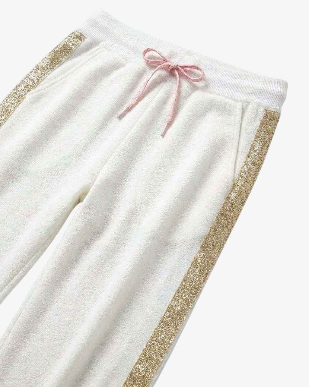 White pants with gold trim and a pink drawstring on a white background