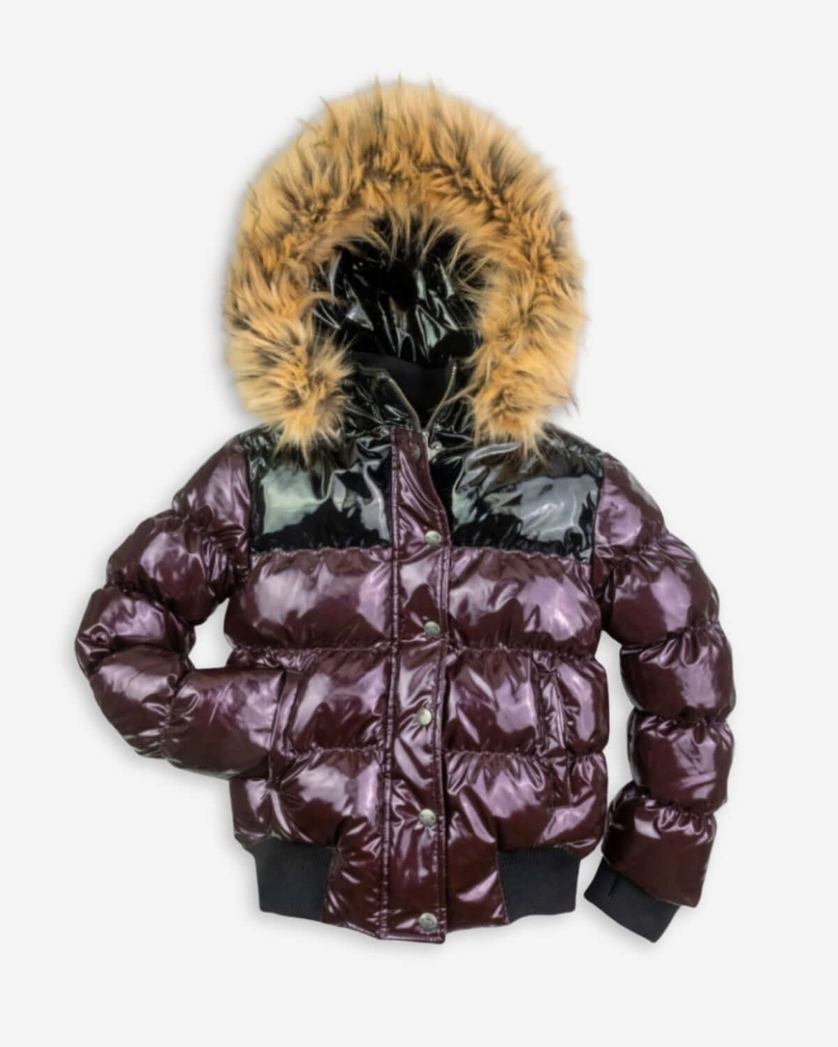Burgundy/Black Kyla Puffer Coat featuring faux fur hood and glossy finish for girls.