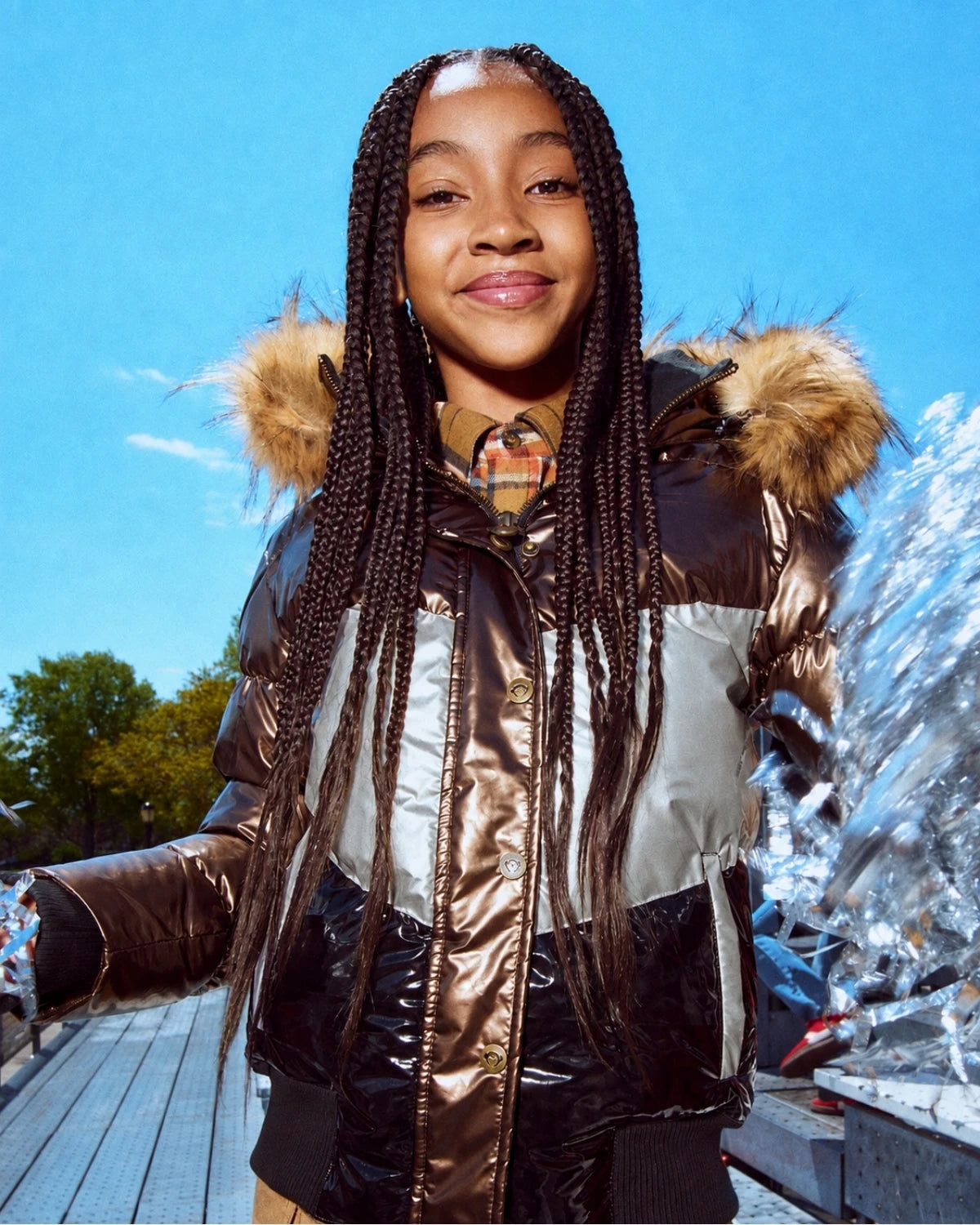 Appaman girls' puffer jacket kyla bronze multi, lifestyle photo.