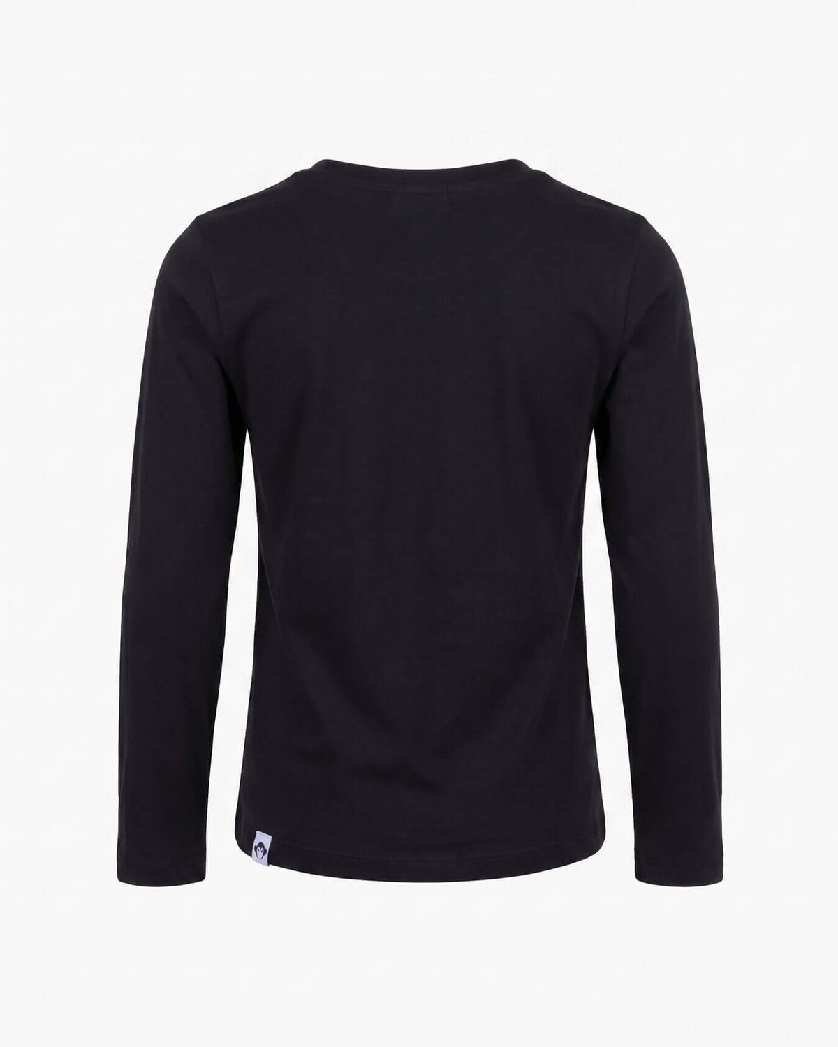 Back view of the Leopard Black Elara Tee, a comfortable black long-sleeve shirt for active kids.