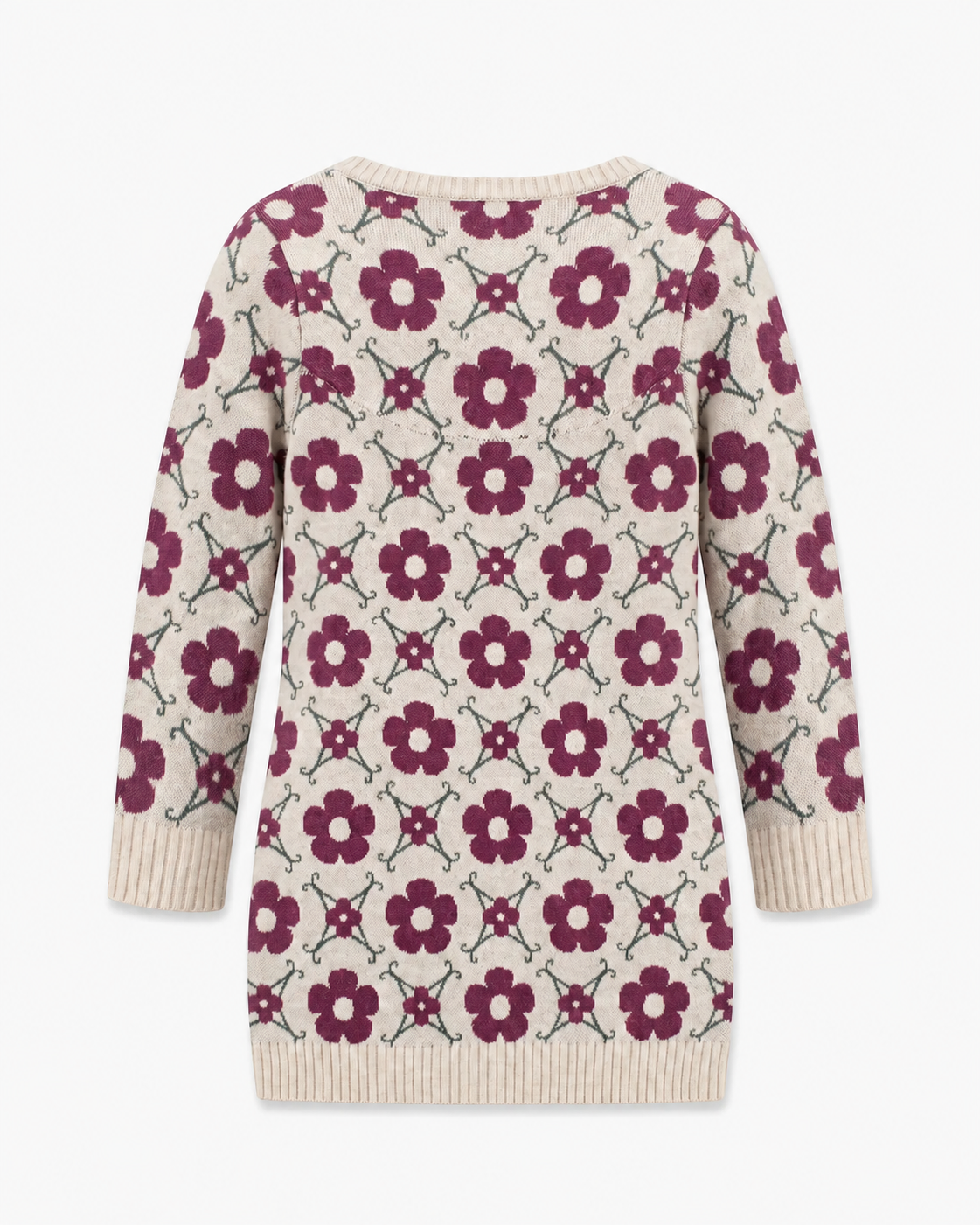 Appaman girls' ivory floral jacquard sweater dress, back view.
