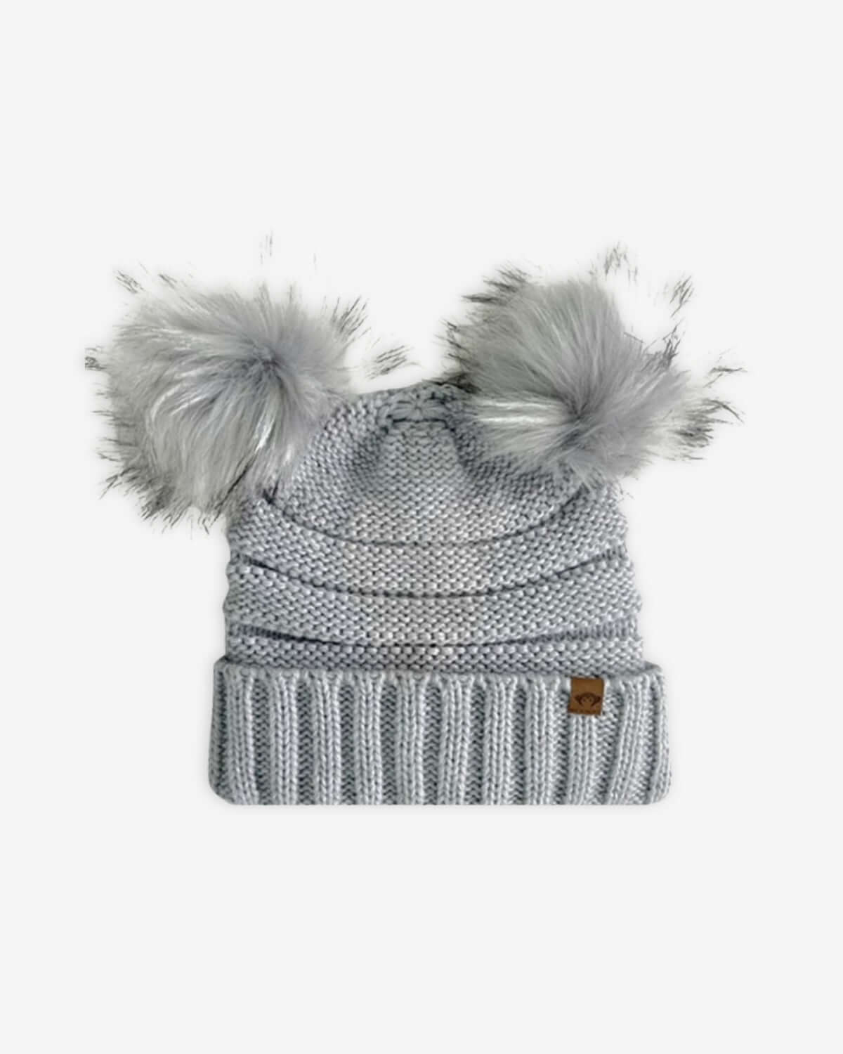 Shiny Silver Mia Faux Fur Pom Beanie featuring plush pom poms for a stylish winter accessory.