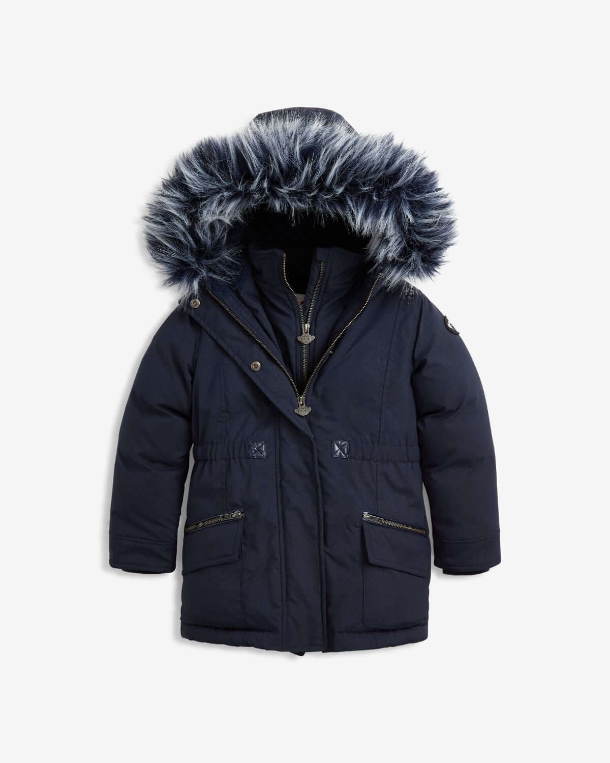 Navy Sparkle Middie Puffer Coat with faux fur hood and pockets for winter warmth and style.