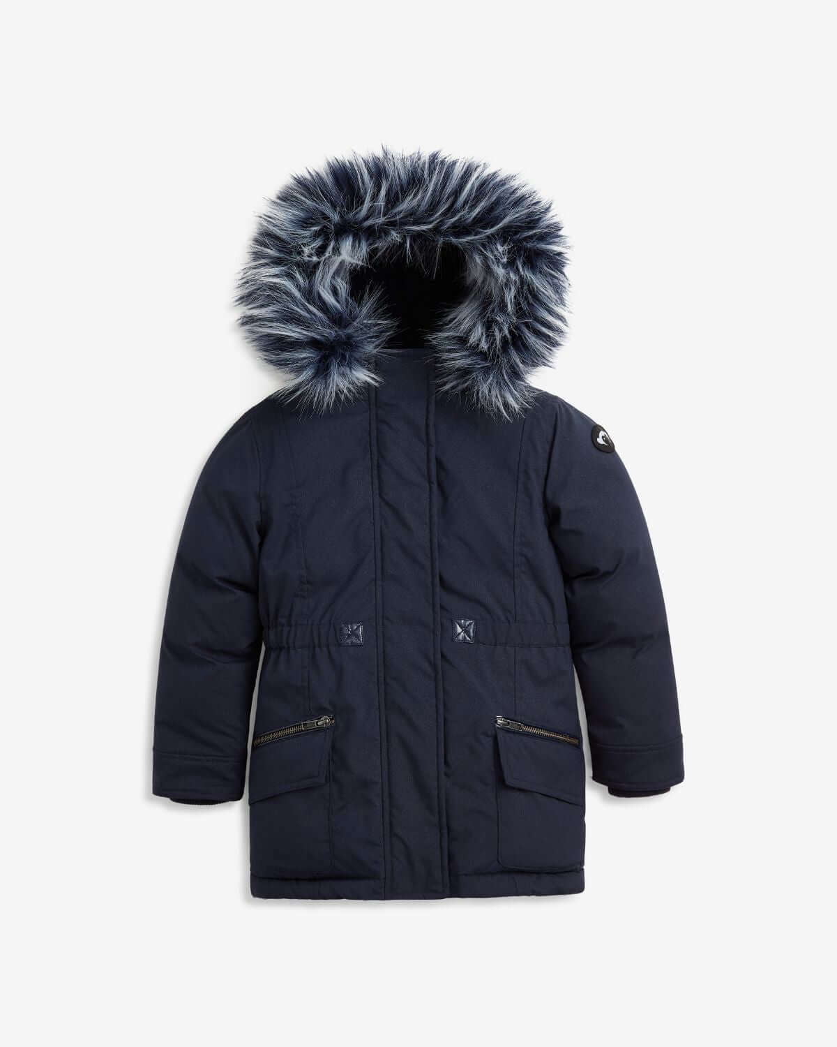 Navy Sparkle Middie Puffer Coat with faux fur hood trim for kids winter wear.