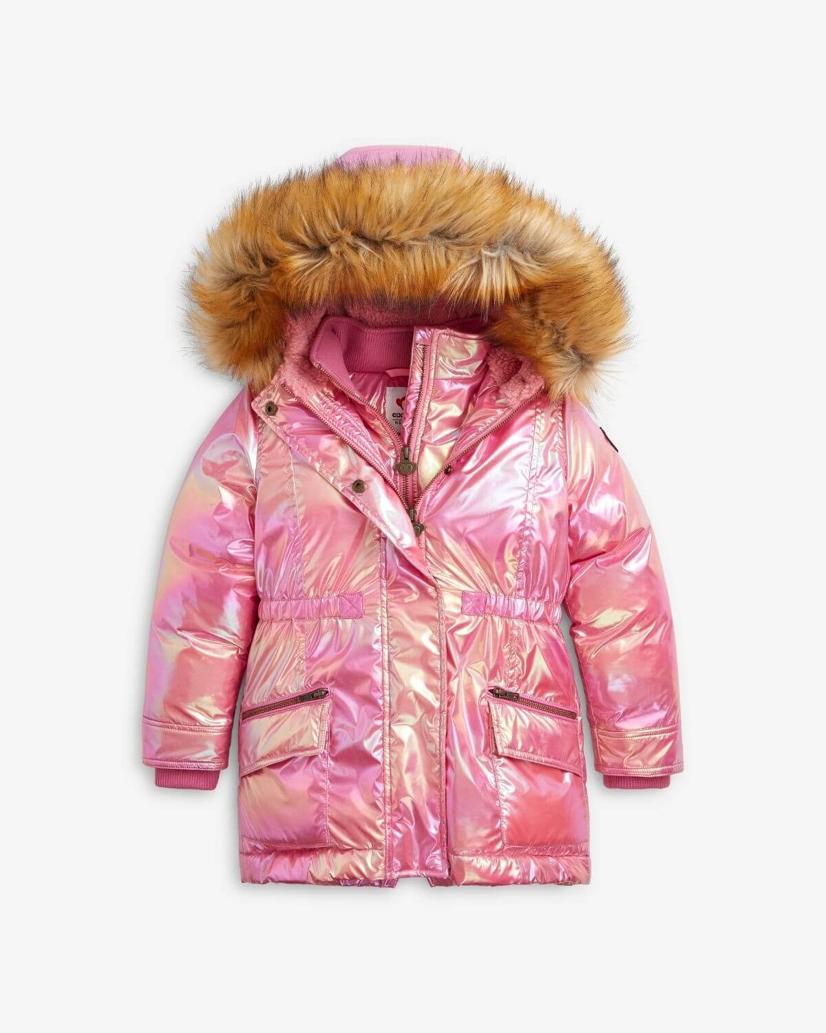 Radiant Pink Middie Puffer Coat with detachable faux fur hood and shiny finish, perfect for winter.