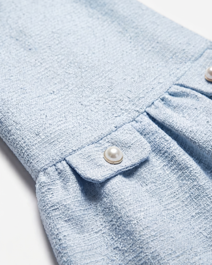 Close-up of a light blue textured fabric garment detail, showing a pleated section, a small flap pocket with a pearl button, and part of a matching pearl button on the sleeve.