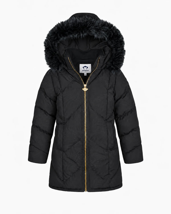 Appaman girls' black longline puffer coat with faux fur hood, front view.