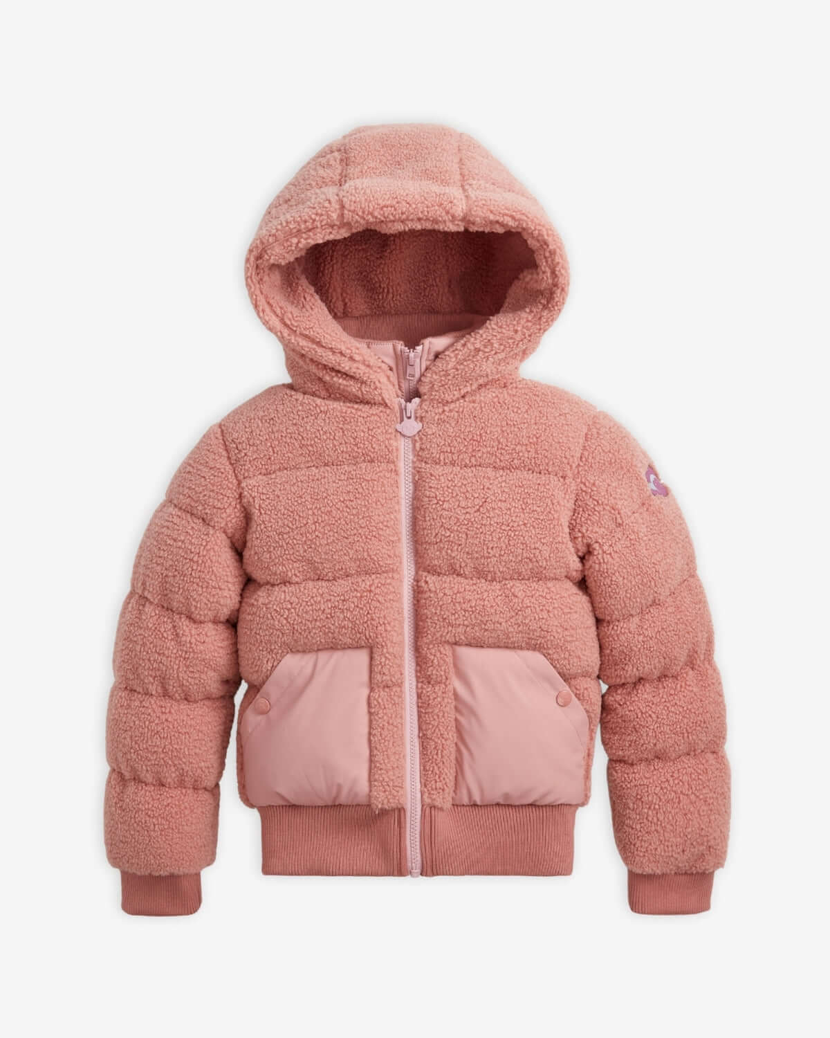 Pink Teddy Puffer Coat is a cozy sherpa jacket for kids, featuring a hood and deep pockets for warmth and style.