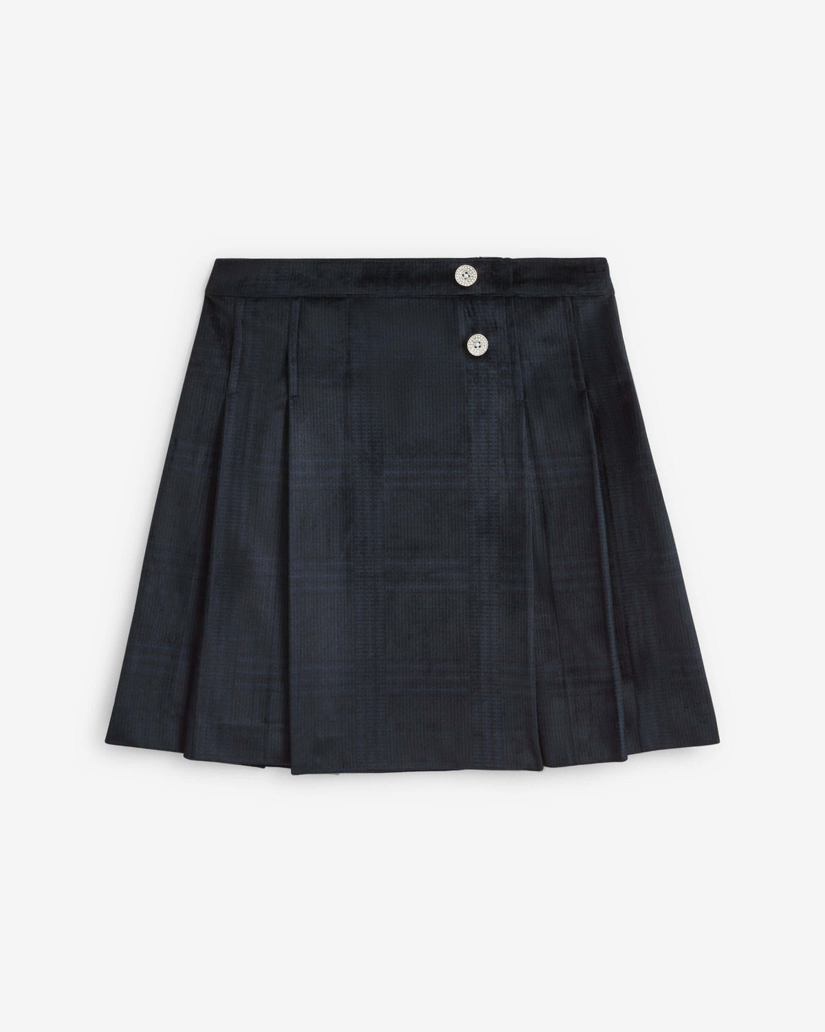 Midnight Velvet Plaid Pleated Skirt featuring rhinestone buttons and elegant pleats.