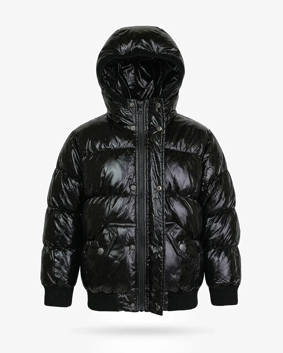 Black Glitter Puffy Coat for kids featuring a shiny black glitter finish and cozy design, perfect for chilly weather.