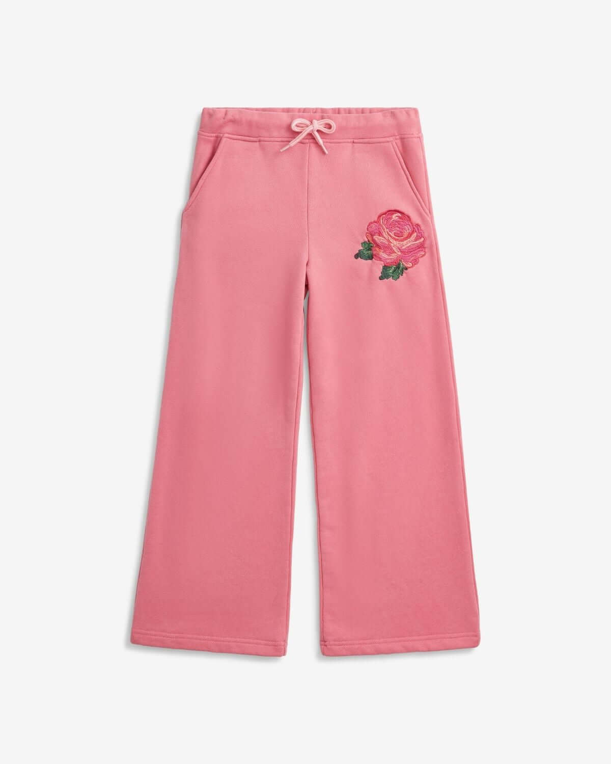 Rose Samantha Sweatpants in vibrant pink with rose detail and wide-leg design for kids' comfort and style.