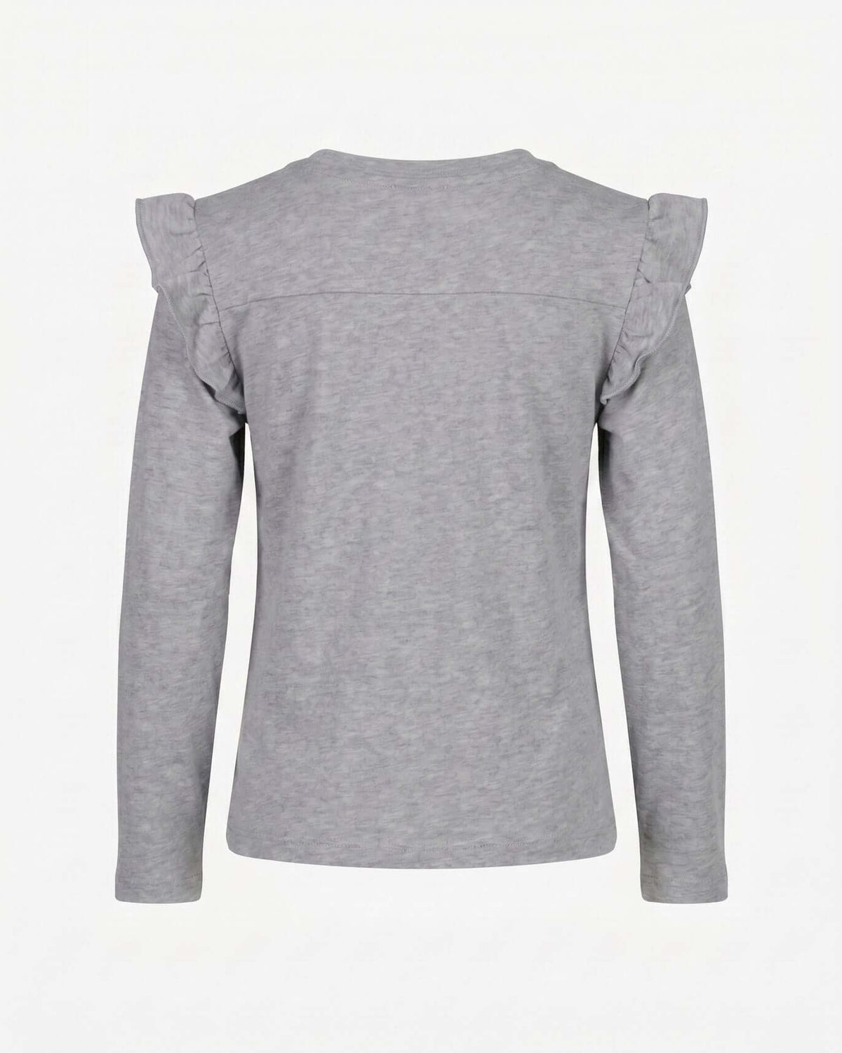 Back view of the Heather Grey Ruffle Tee showcasing soft fabric and ruffle detailing for active girls.