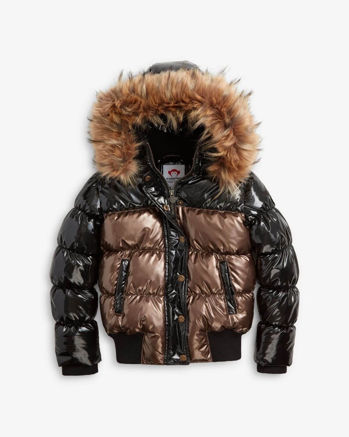 Copper Shine Kyla Puffer Coat featuring shiny exterior, removable faux fur trim, and hooded design.