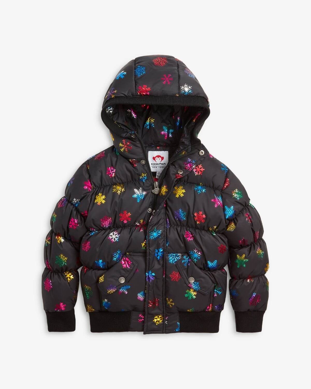 Rainbow Snowflakes Slim Puffy Coat with a shiny finish and colorful snowflake design, perfect for winter.