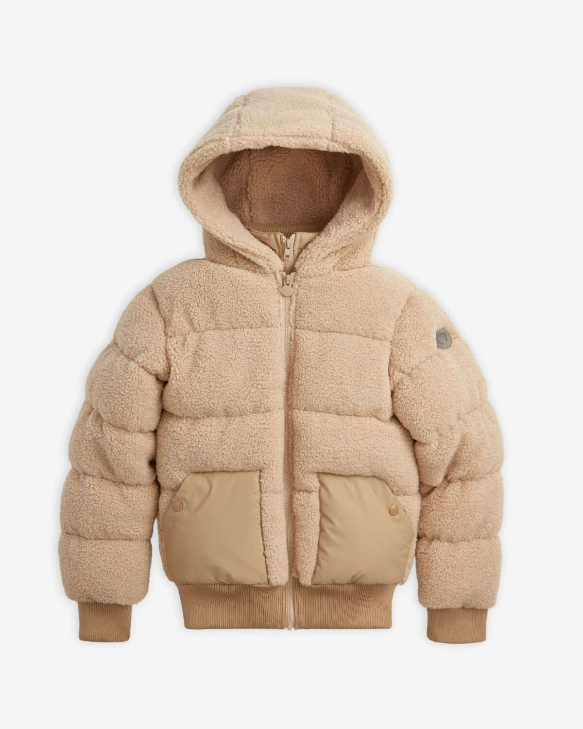 Beige Teddy Puffer Coat featuring soft sherpa fabric, plush hood, and zipper closure for cozy warmth.
