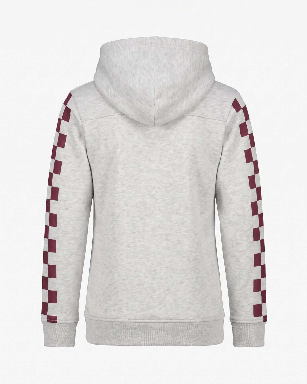 Back view of the Oatmeal Tunic Hoodie with burgundy checkered sleeves and adjustable drawcord hood.