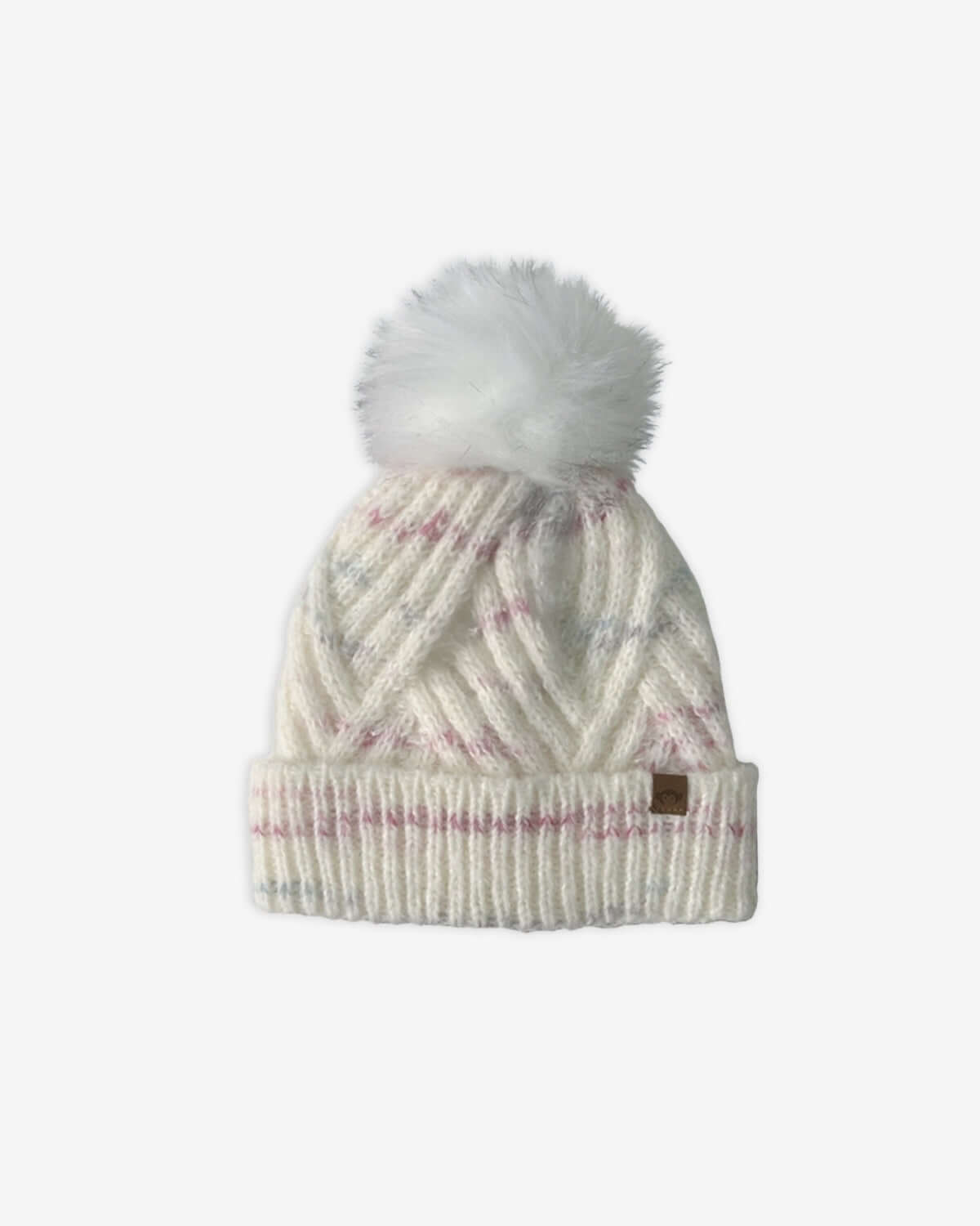 Rose Garden Willow Cable Knit Beanie featuring a soft white-and-pink design and fluffy pom-pom for kids.
