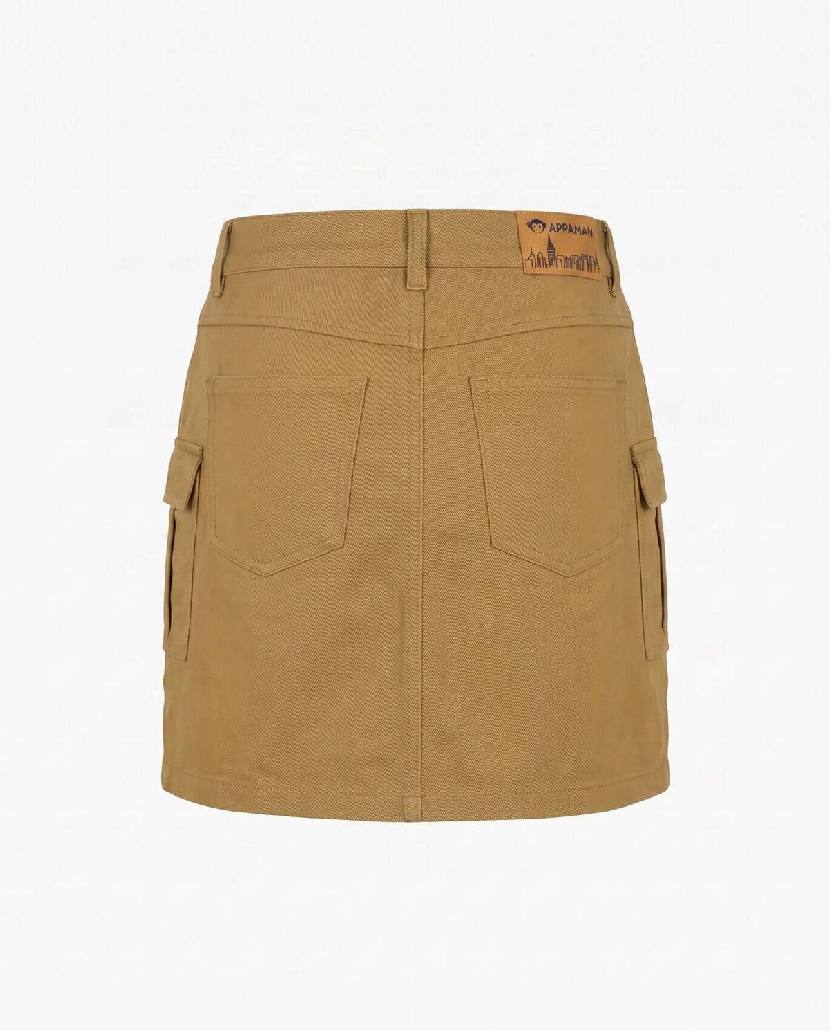 Camel Twill Yara Cargo Skirt back view showcasing functional pockets and warm camel color.