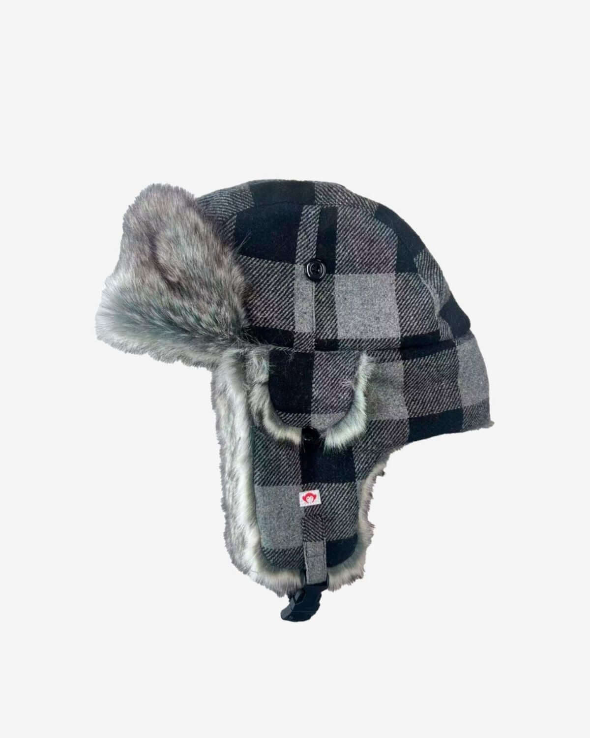 Light grey muscle trapper hat with stylish plaid pattern and cozy faux fur lining for kids' adventures.