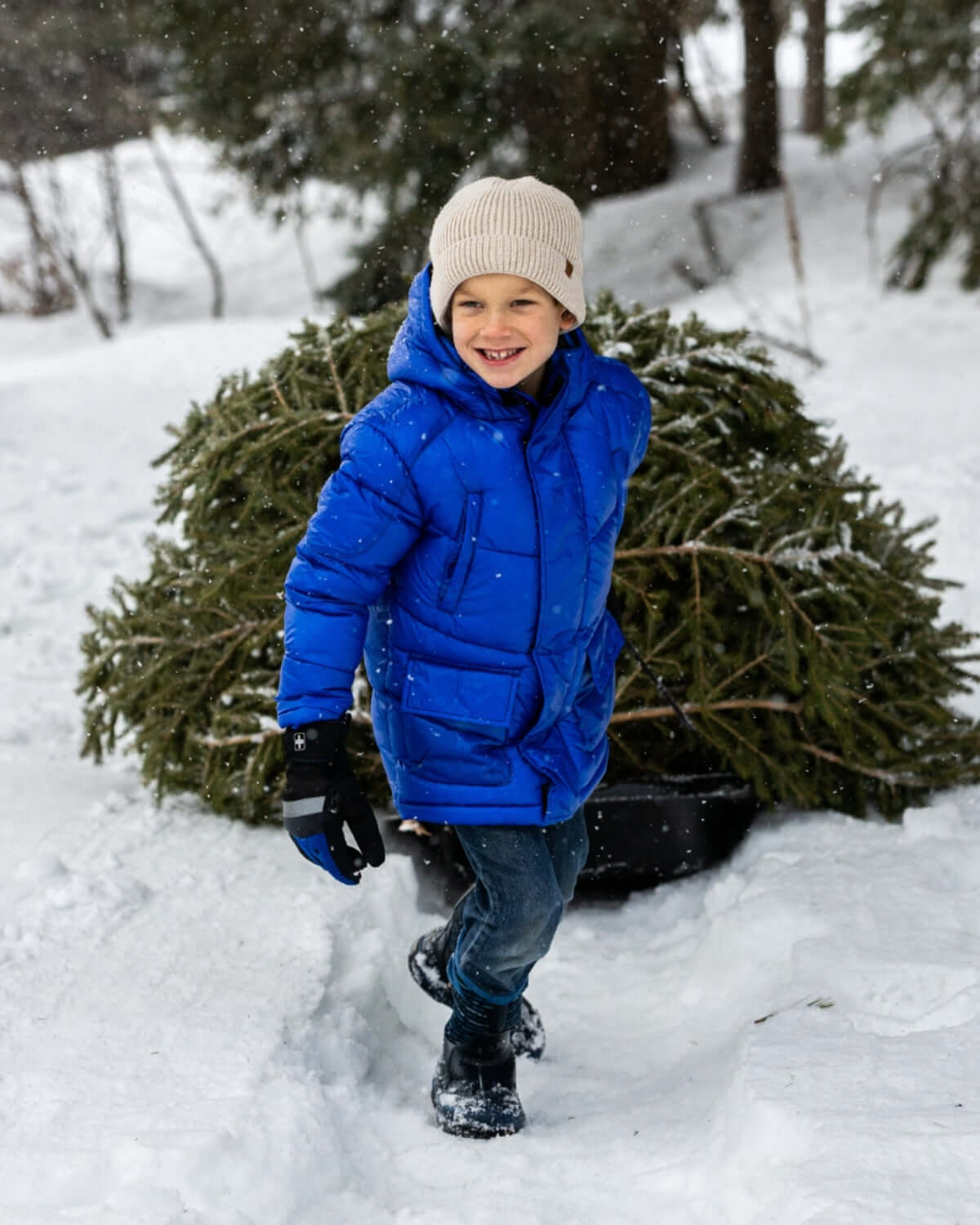 Stylish kid in a cozy blue winter jacket and oatmeal knit hat, enjoying snowy fun while helping with the Christmas tree!