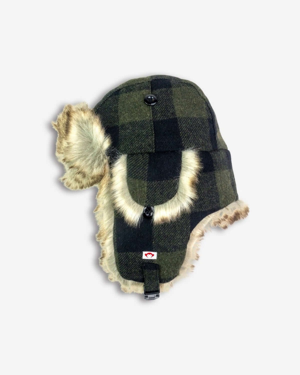 Olive Muscle Trapper hat for kids, stylish flannel design with faux fur, perfect for winter adventures!