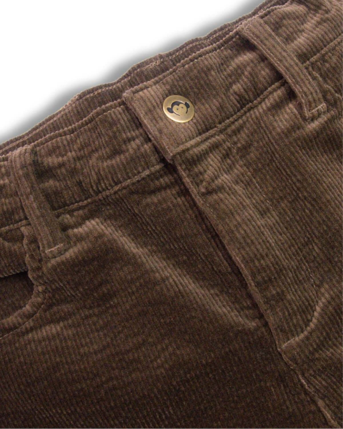 Stylish brown skinny corduroy pants for kids, featuring a chic waistband and eye-catching button detail.