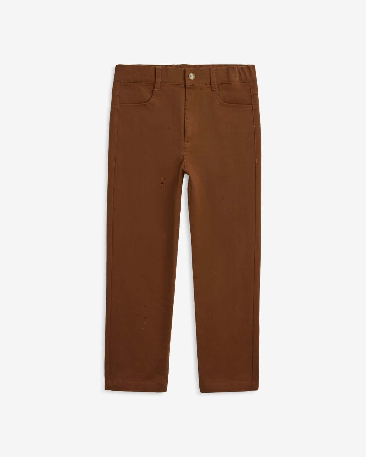Stylish brown commuter twill pants for kids, blending comfort and durability for everyday adventures.