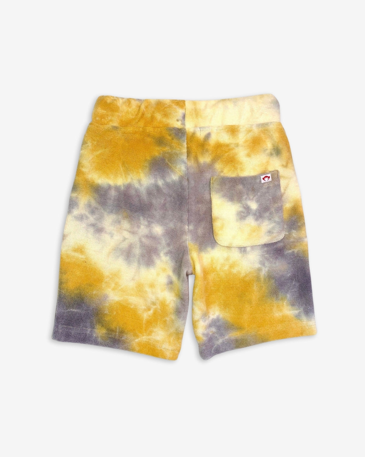 Back view of Appaman's Goldenrod Preston Shorts, featuring vibrant tie dye in sunny yellows and grays, perfect for stylish kids.