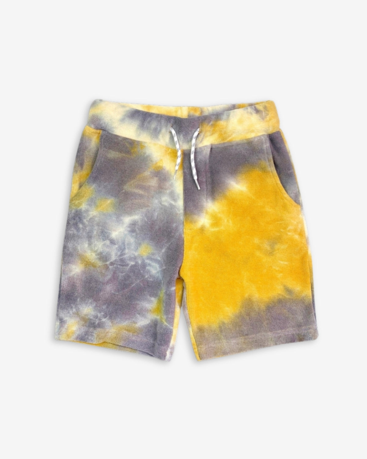 Playful goldenrod tie dye shorts with pockets, perfect for stylish kids' back-to-school outfits!