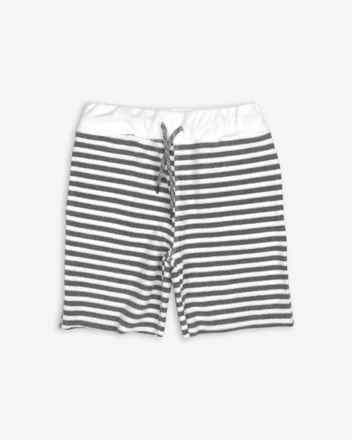 Grey stripe terry camp shorts for kids; comfy and stylish for back-to-school adventures!