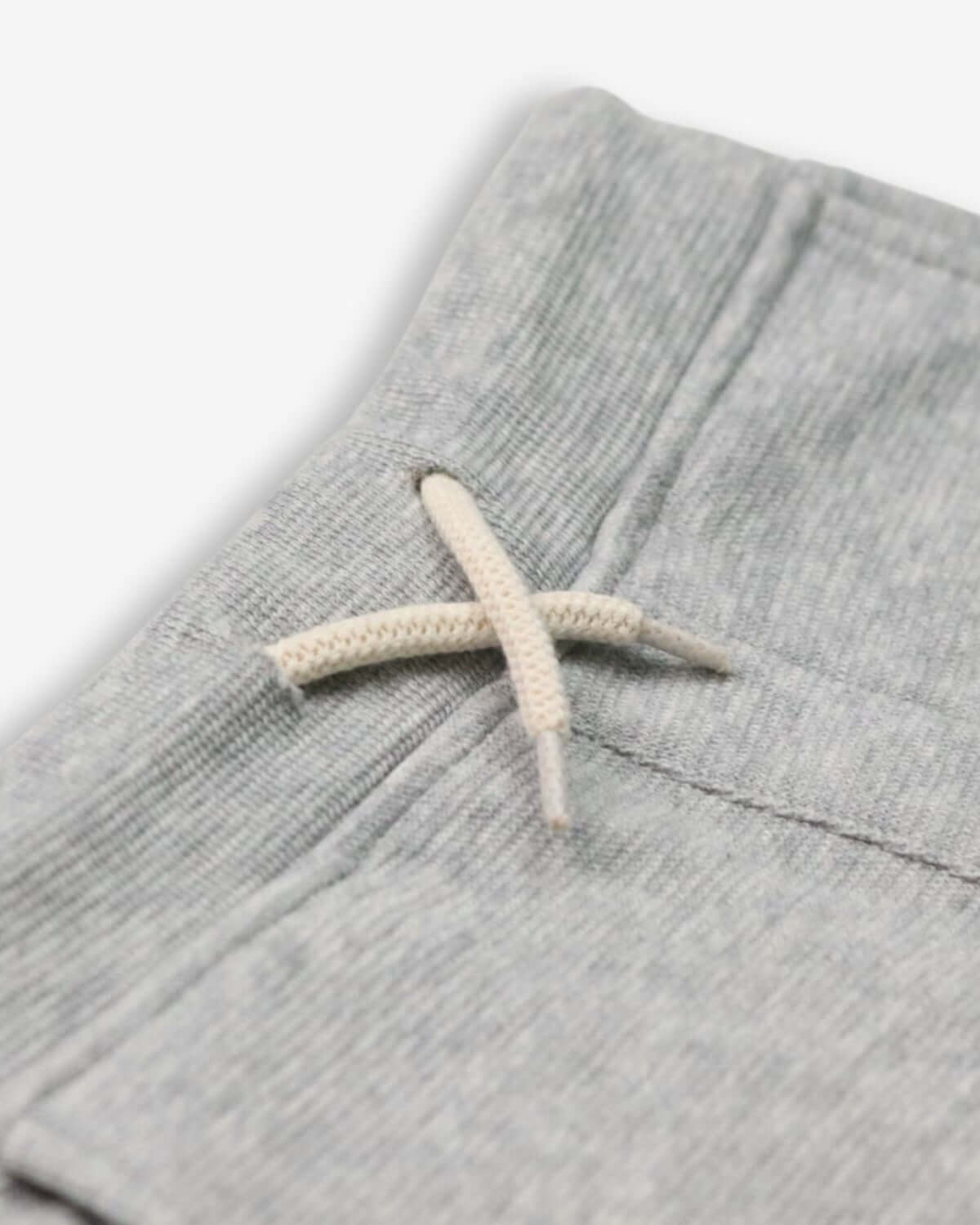 Close-up of heather mist fabric and drawstring detail on boys' Preston shorts—stylish kids clothes for active adventures!