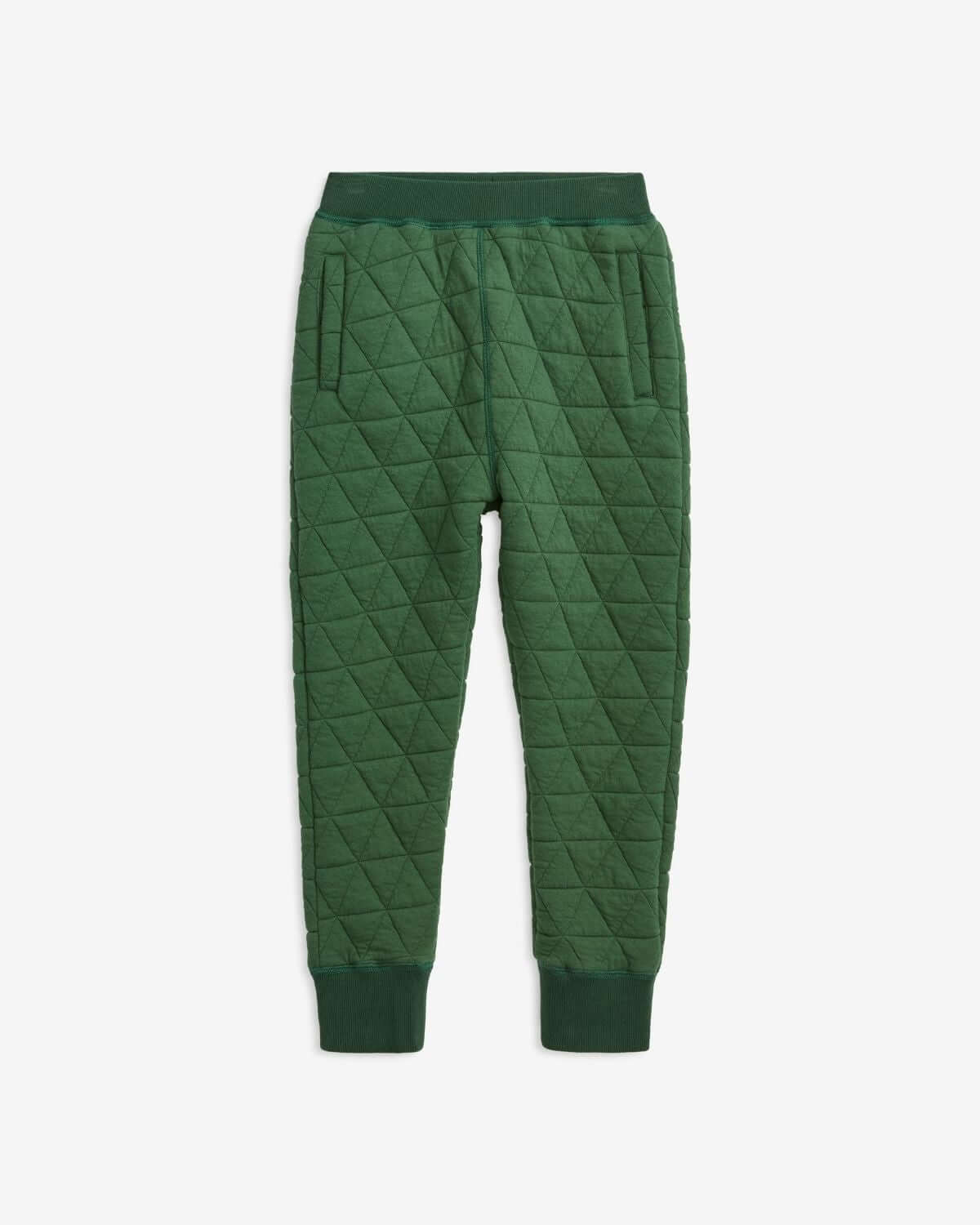 Forest Green Highland Sweatpants for kids with cozy quilted fabric and deep pockets, ideal for stylish adventures.