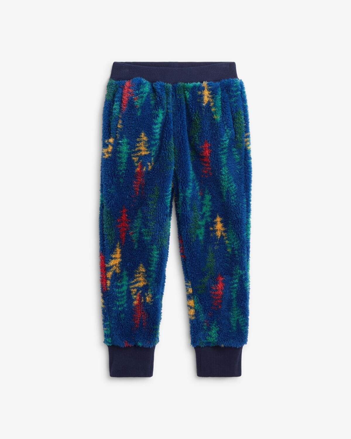 Cozy Wilderness Highland Sweatpants for kids, featuring colorful trees on soft blue fabric—perfect for stylish adventures!