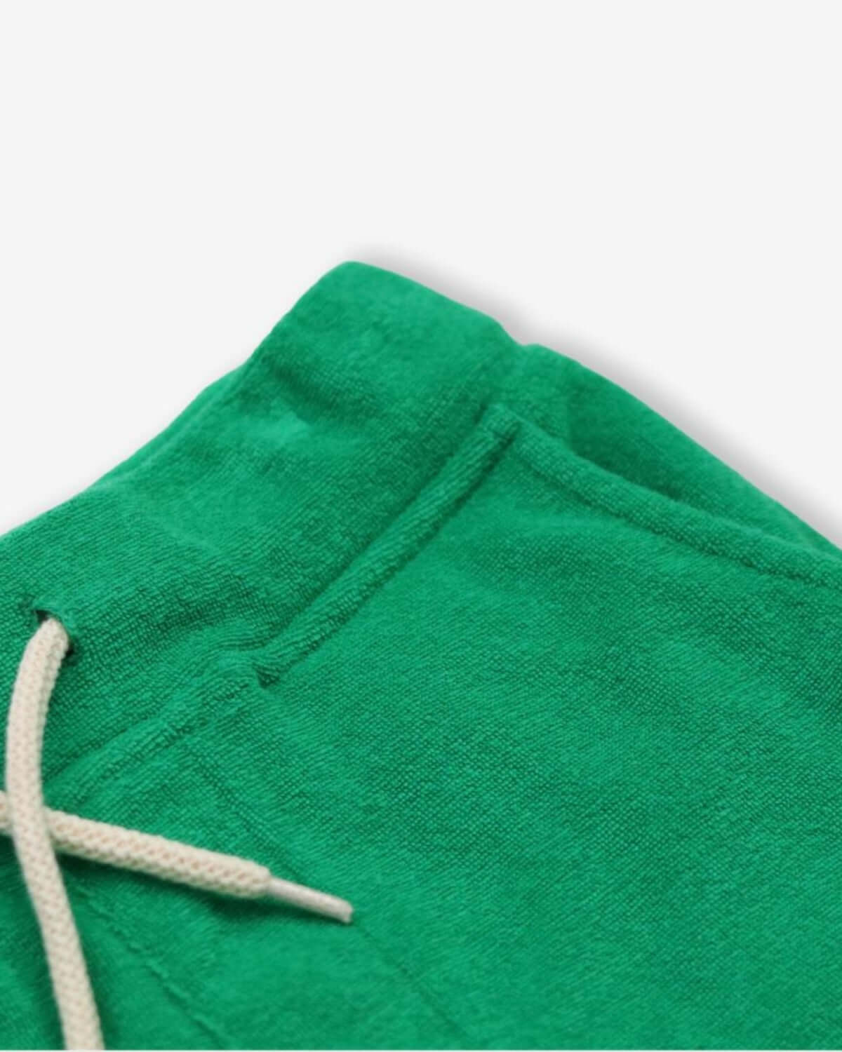 Detail view of Kelly Green Preston Shorts showcasing soft fabric and adjustable drawstring.