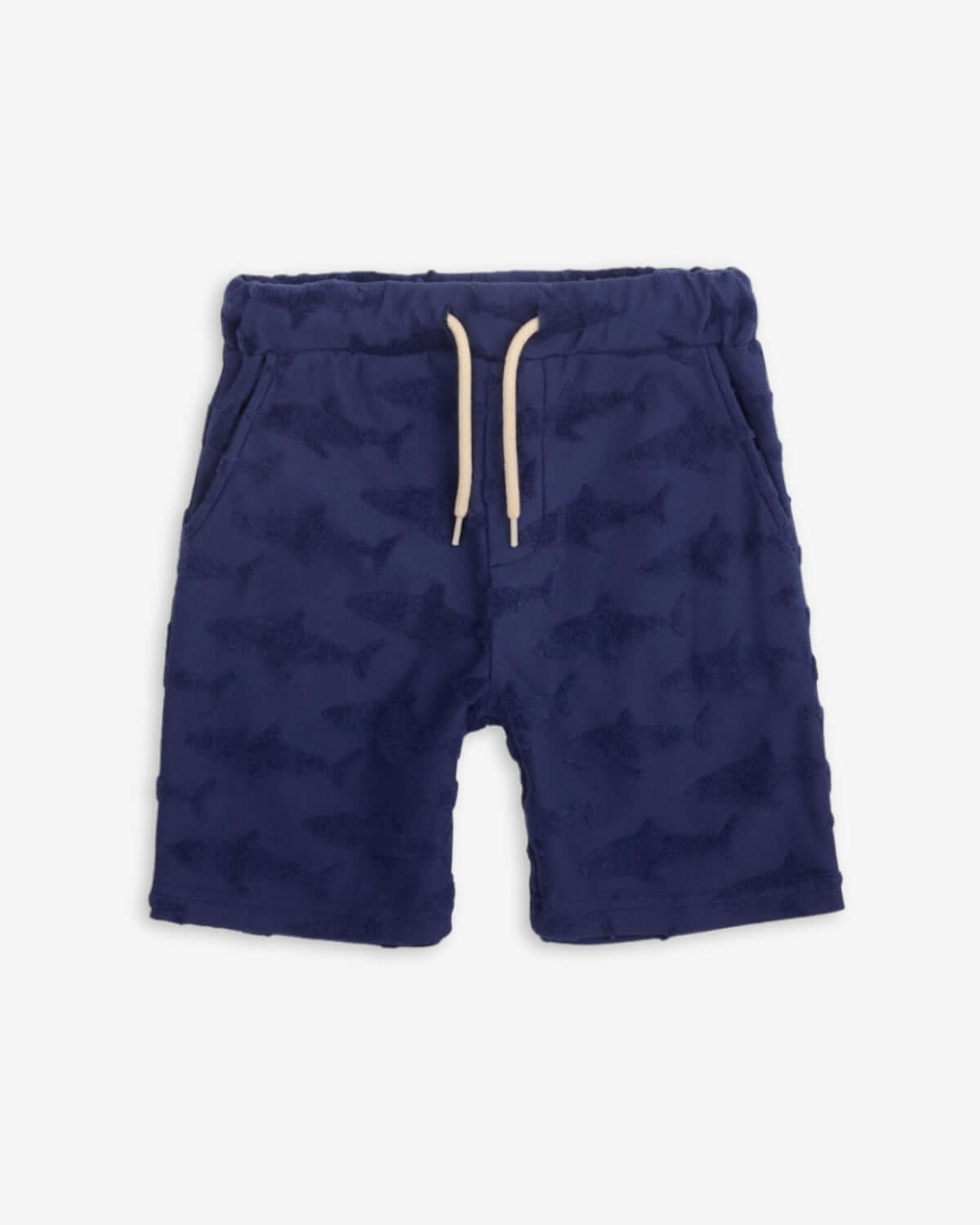 Navy Shark Resort Terry Shorts featuring an all-over shark print and a comfortable, relaxed fit for boys.