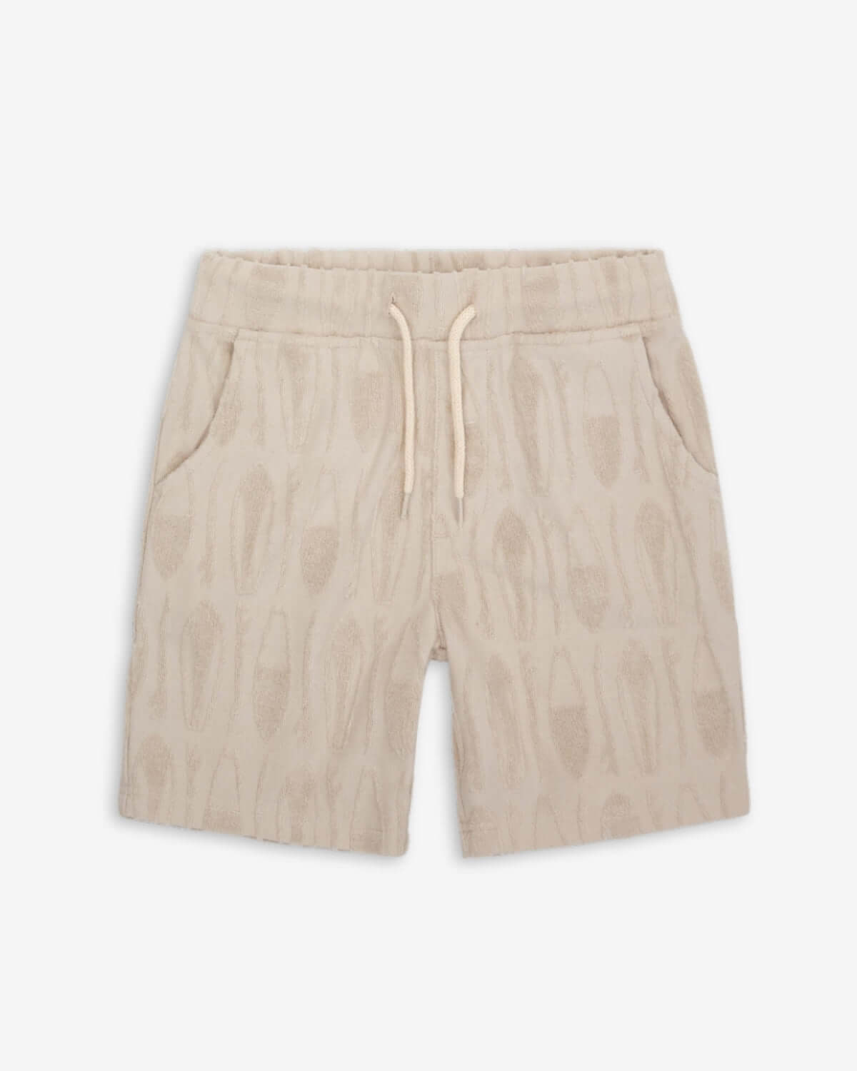 Surfboards Preston Shorts in Taupe with vibrant surfboard pattern for stylish beach days.