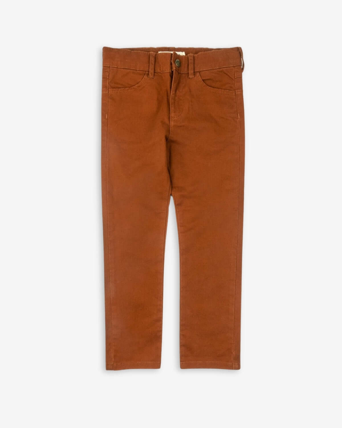 Stylish terracotta skinny twill pants for kids, crafted from durable cotton for back to school fun in every adventure.
