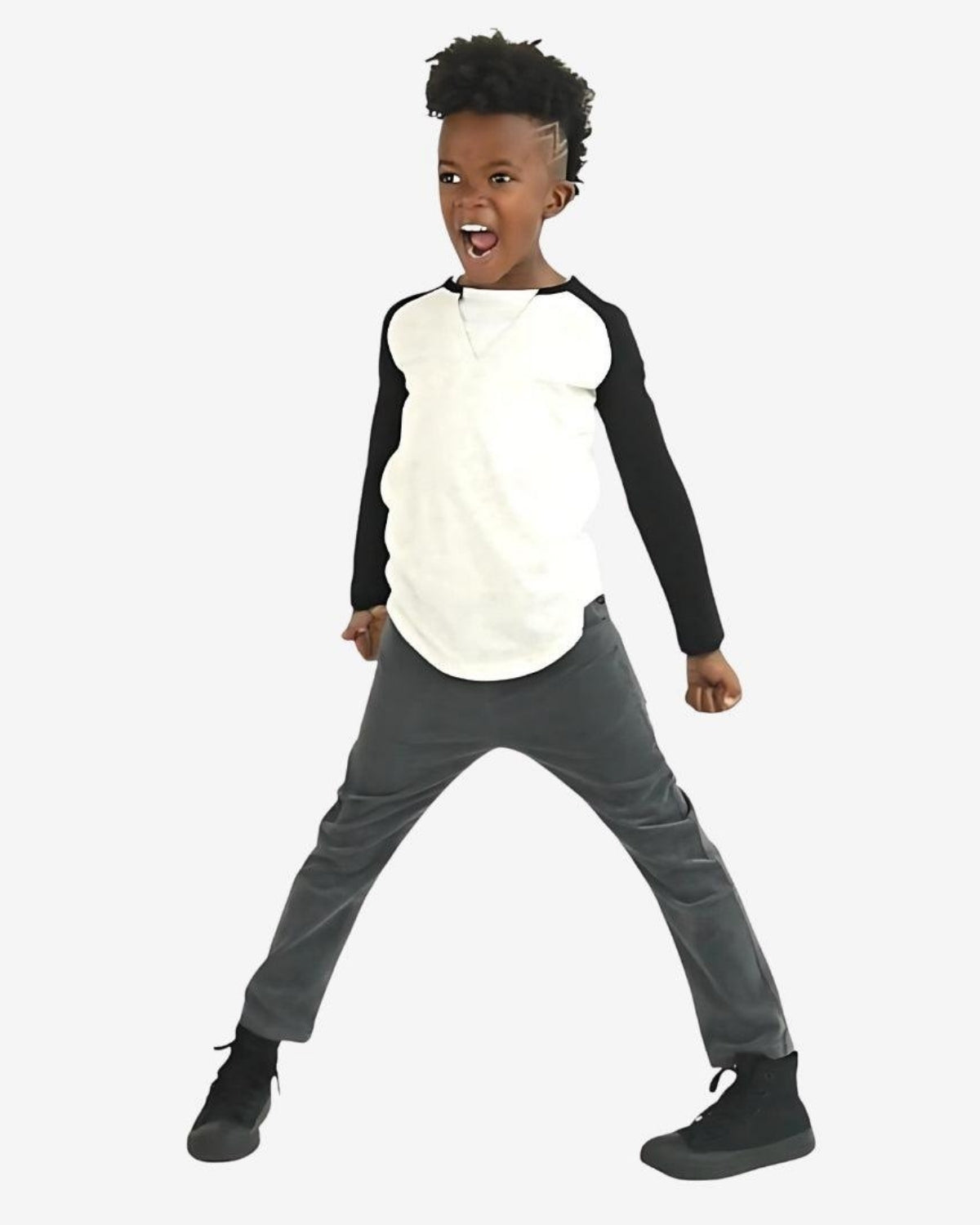 Child wearing vintage black skinny cords and a black and white shirt, striking a fun pose.