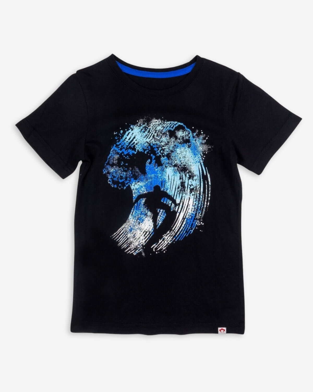 Catching Waves Graphic Tee featuring a blue wave and surfer on a black short-sleeve shirt.