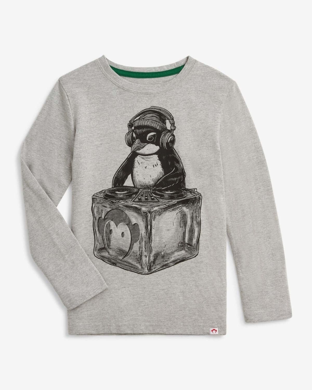 Cool DJ Penguin graphic long sleeve tee in heather mist for stylish kids—perfect for back to school fun!