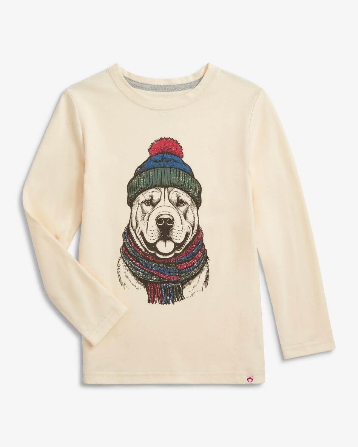 Kids' ivory long sleeve tee featuring a stylish dog in a colorful winter hat and scarf—fun and cozy for school days!
