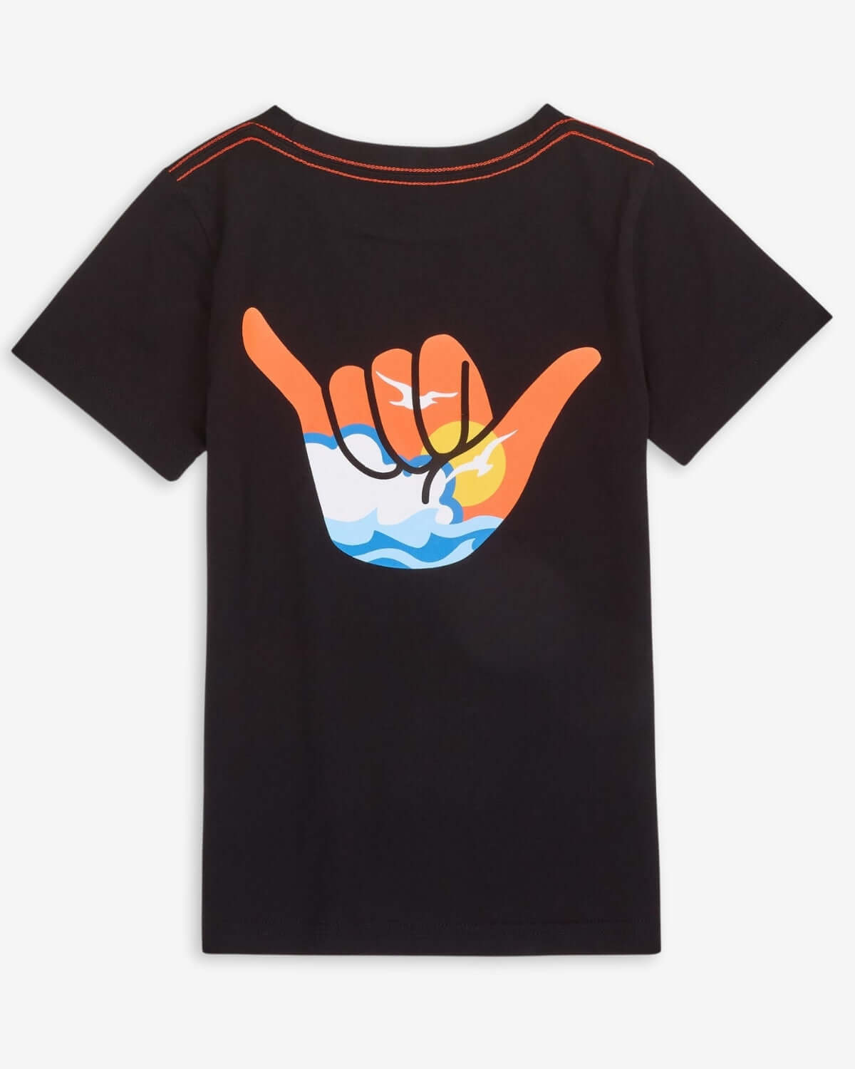 Back view of Hang Loose Graphic Tee with a colorful shaka hand sign, perfect for kids' beach adventures and stylish outings.