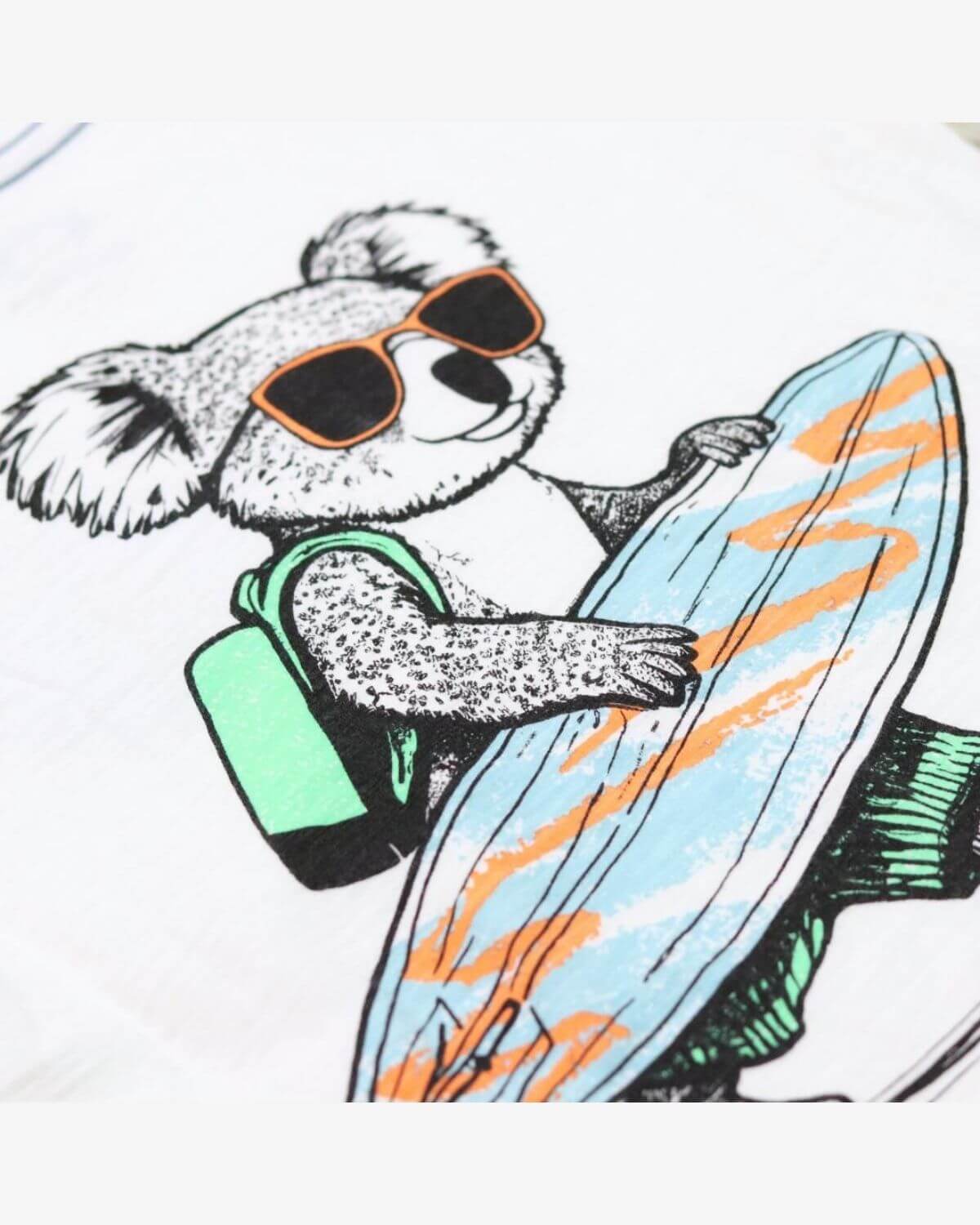 Playful koala in sunglasses surfing with a bright board—perfect kids clothes for back to school adventures!
