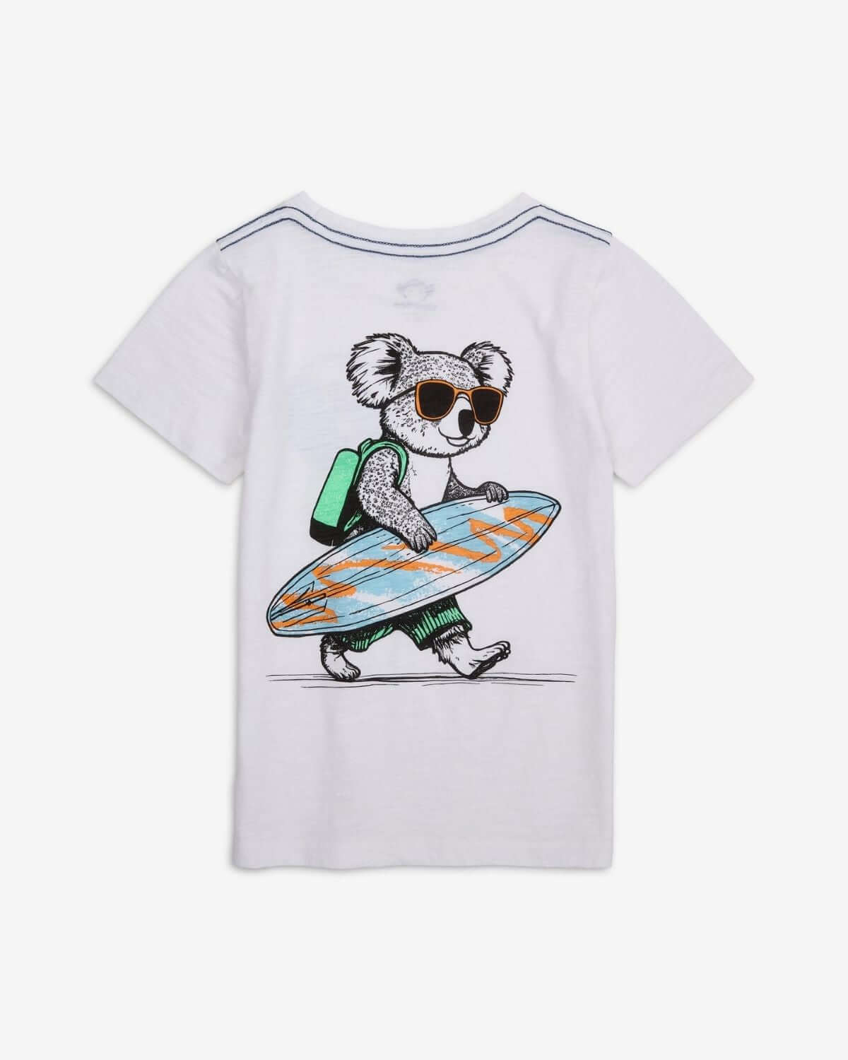 Playful koala in sunglasses and backpack, ready to surf in stylish kids' graphic tee. Perfect for back to school fun!