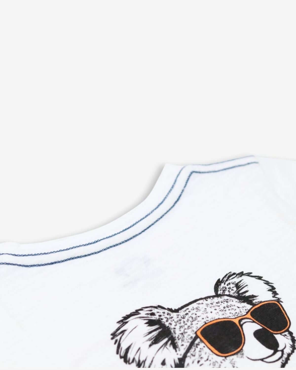 Close-up of a kid's graphic tee featuring a cool koala in sunglasses, perfect for stylish adventures!