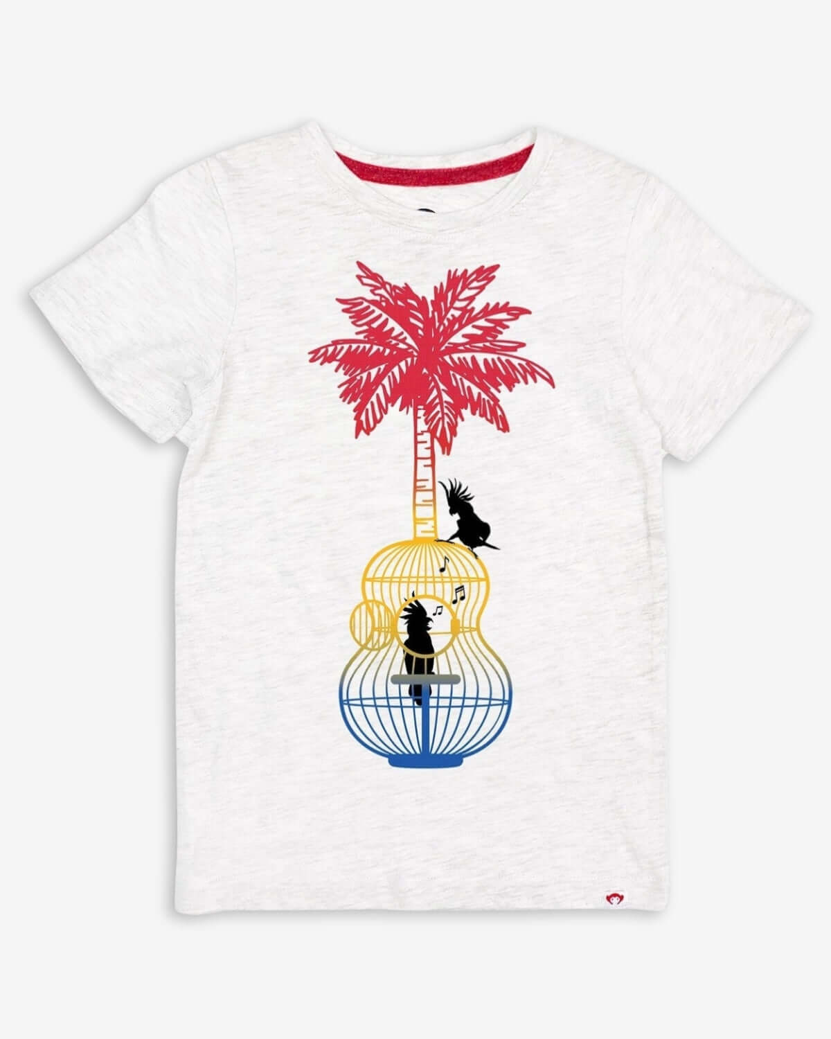 Song Birds Graphic Tee featuring a guitar-shaped birdcage and palm tree design on a white short-sleeve shirt.