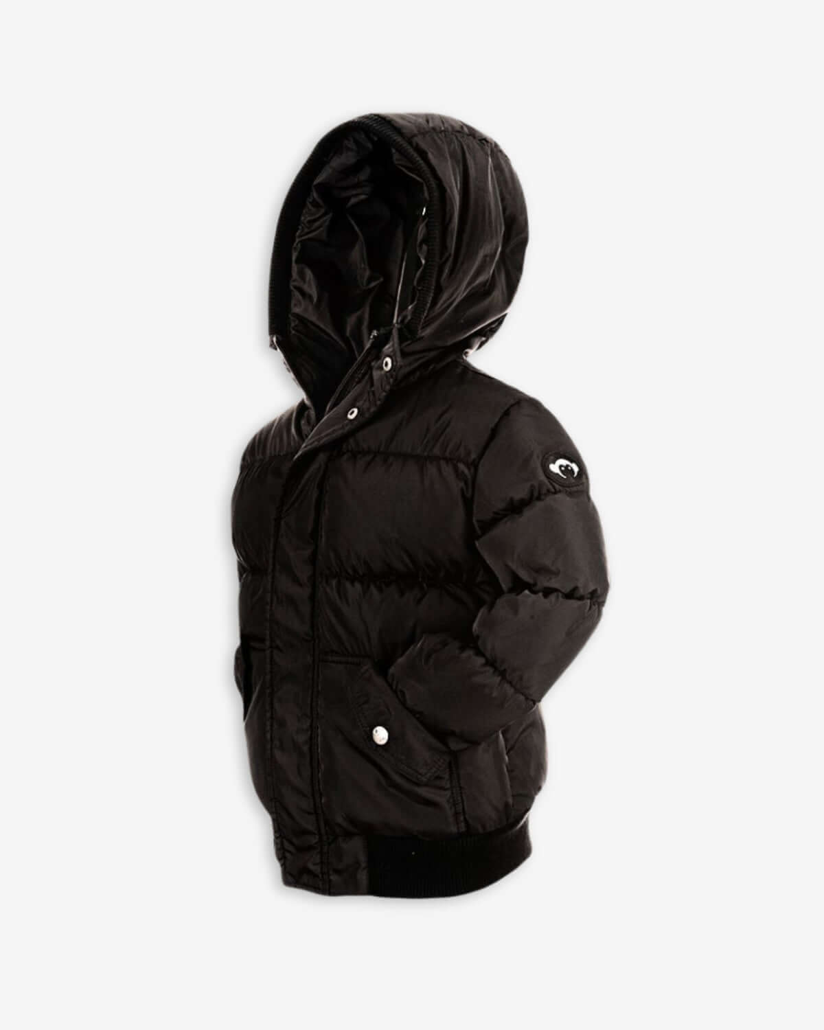 Stylish kids black puffy coat with a cozy hood, ready for chilly adventures and back-to-school fun!